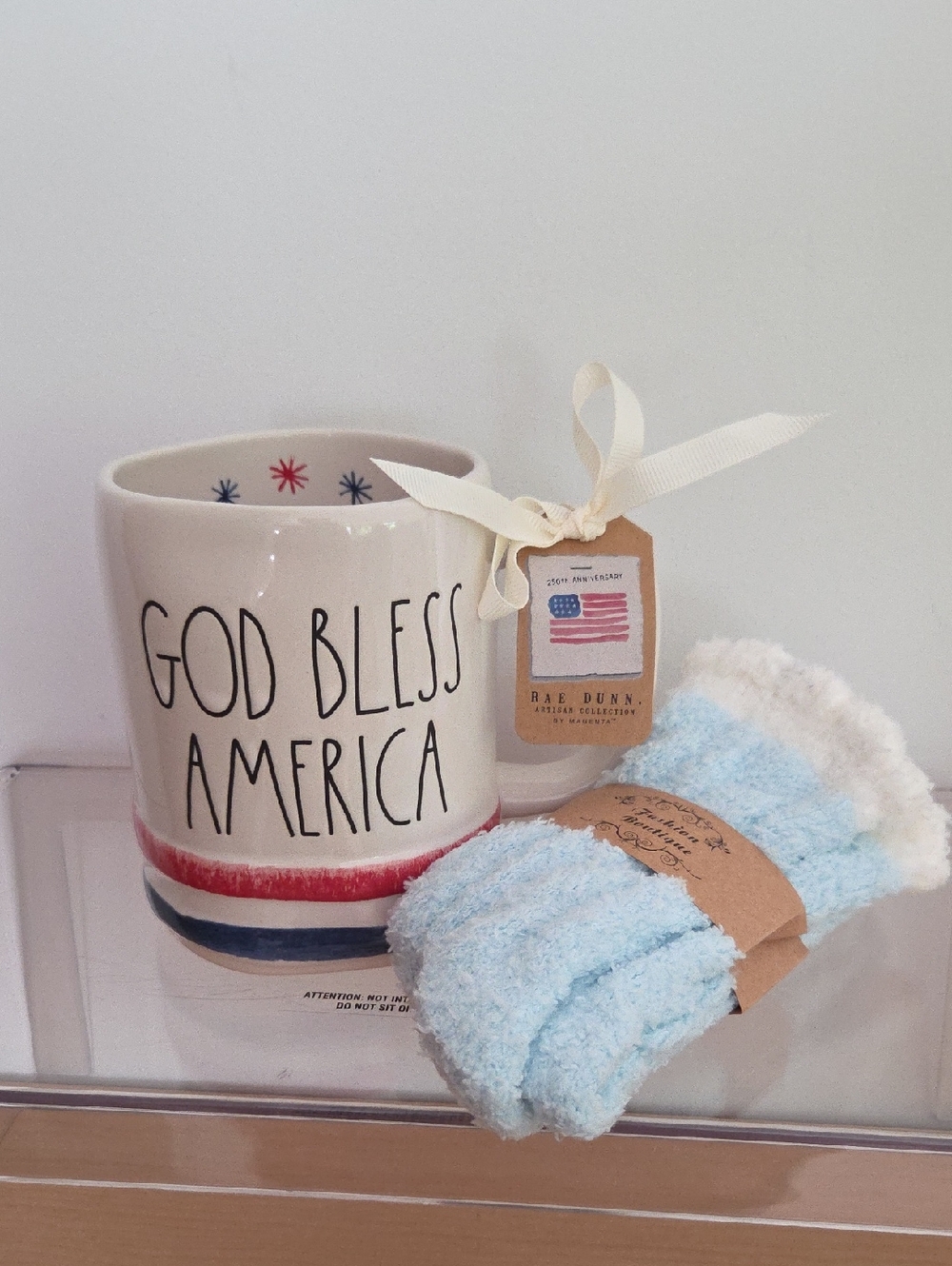 Rae Dunn NWT "God Bless America" Ceramic Mug in White w/cozy Socks